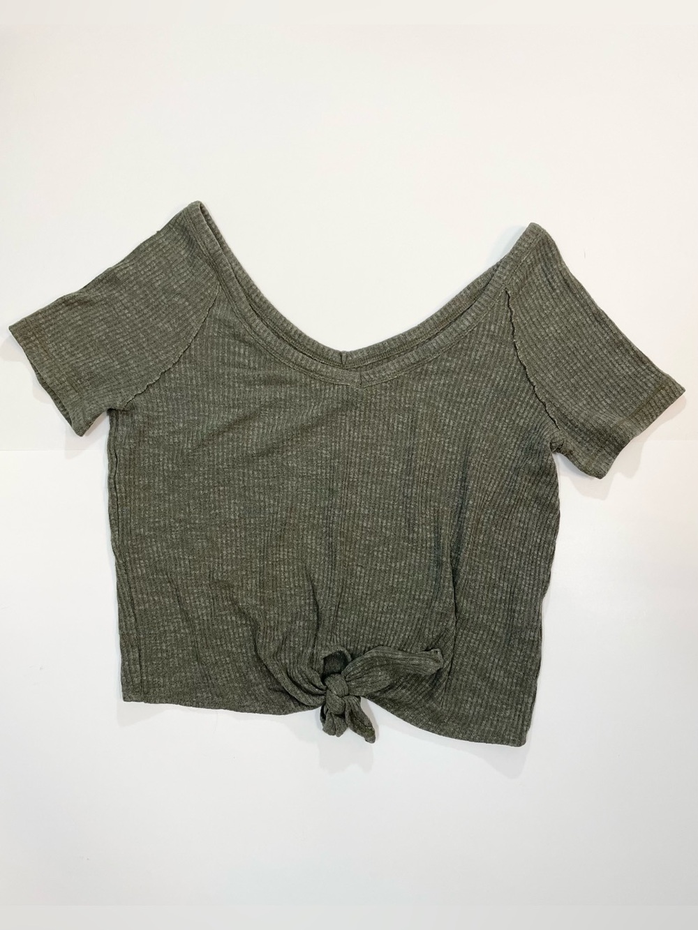 Abercrombie & Fitch Olive Ribbed Knit V-Neck Tie-Front Crop Top | Size S